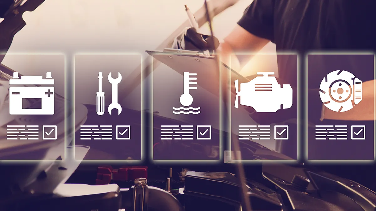 Icônes représentant des éléments d'entretien automobile, avec des cases à cocher, sur un fond flou d'un moteur de véhicule.