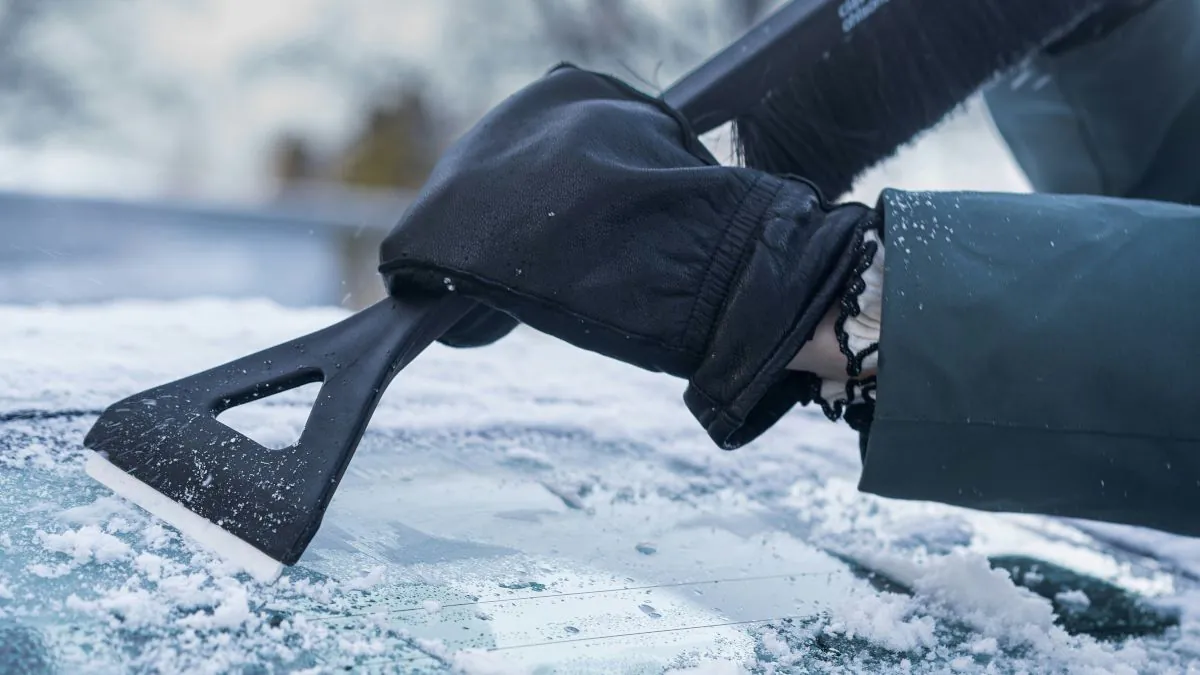 Une main gantée utilise un grattoir pour enlever la glace d'un pare-brise recouvert de neige. Arrière-plan flou avec des arbres enneigés.